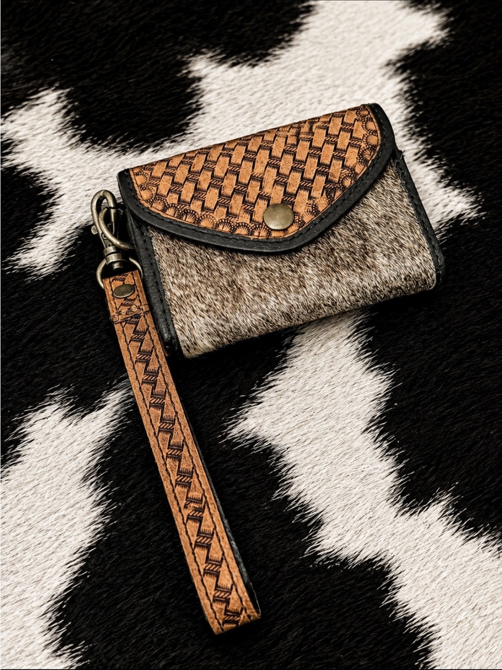 Genuine Leather and Cowhide Wristlet Card Holder in Tan and Brown